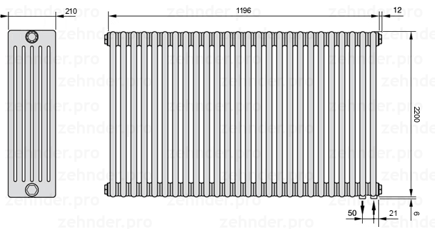 Схема (чертеж) Радиатор Zehnder Charleston 6220/26 №5510 Белый глянцевый RAL 9016